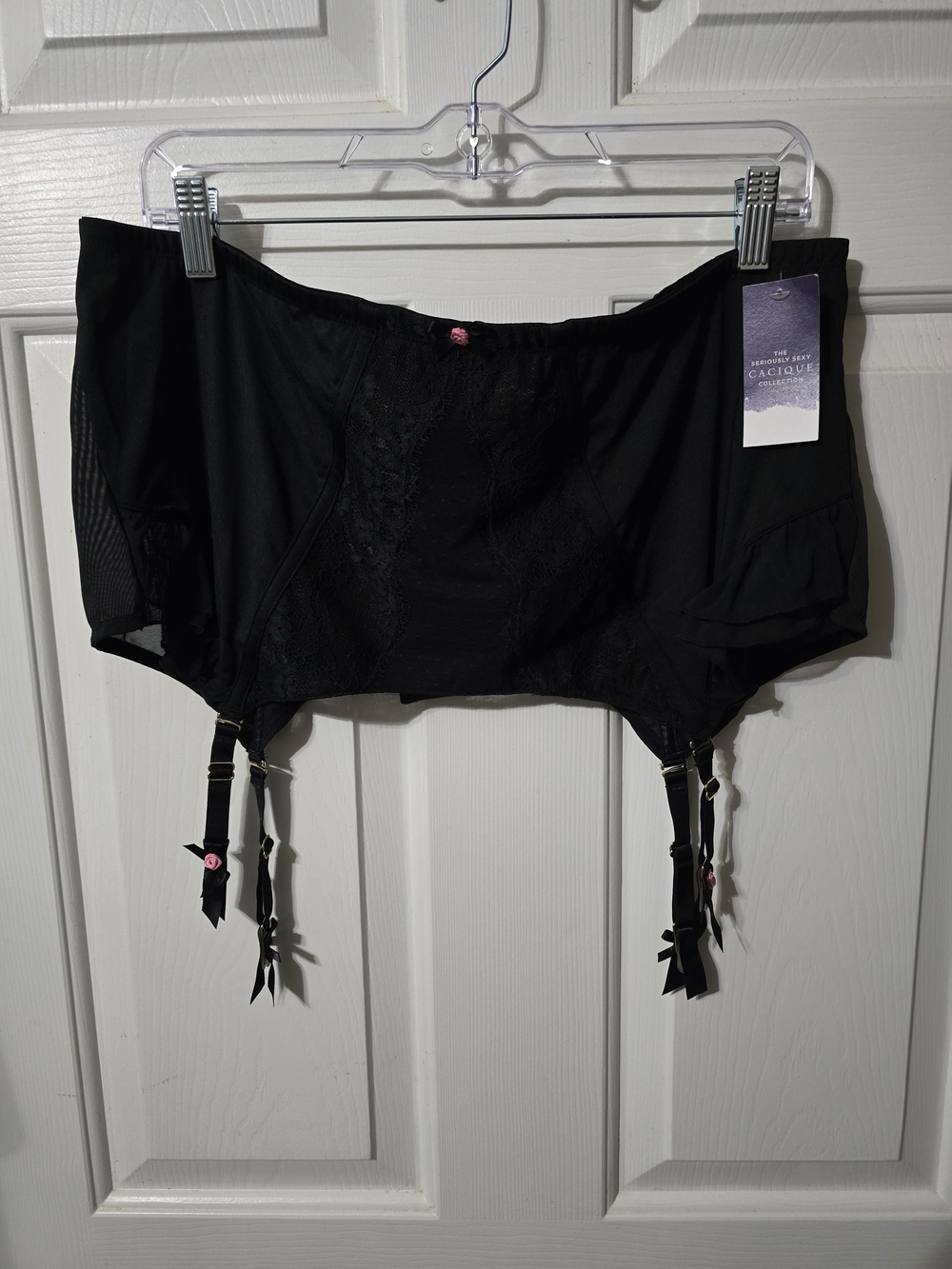 Cacique Black Lace-Panel Garter Skirt with Pink Accents